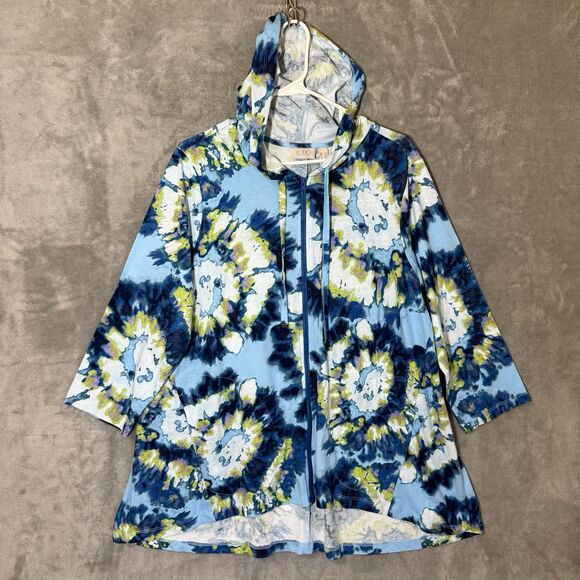 LOGO Lounge by Lori Goldstein L Tie Dye Full Zip Front Tunic Floral Hoodie Blue - Picture 1 of 10